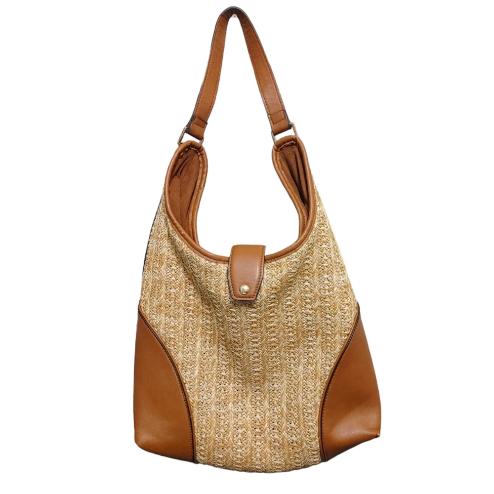 Steve Madden Wicker Beige Brown Faux Leather Hobo Shoulder Bag Handbag Purse